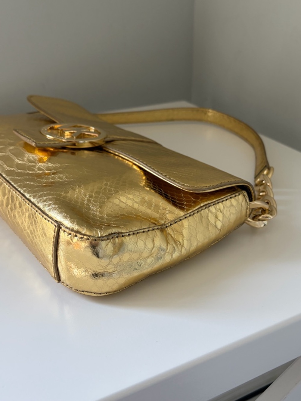 Michael Kors Metallic Gold Snake-Embossed Shoulder Bag with Charm - Picture 8 of 12